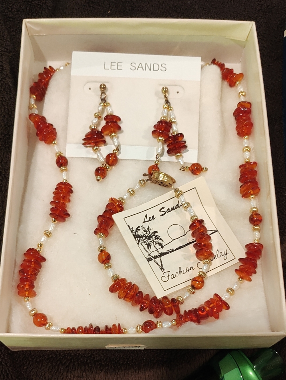 Lee Sands Red-Orange Bead Necklace with Matching Earrings